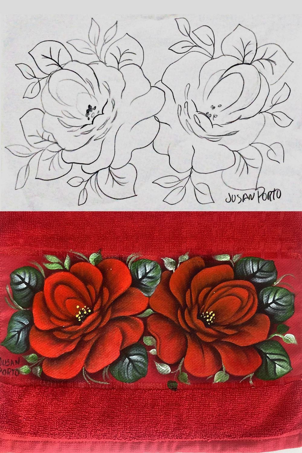 Pintura de rosas vermelhas com esboço