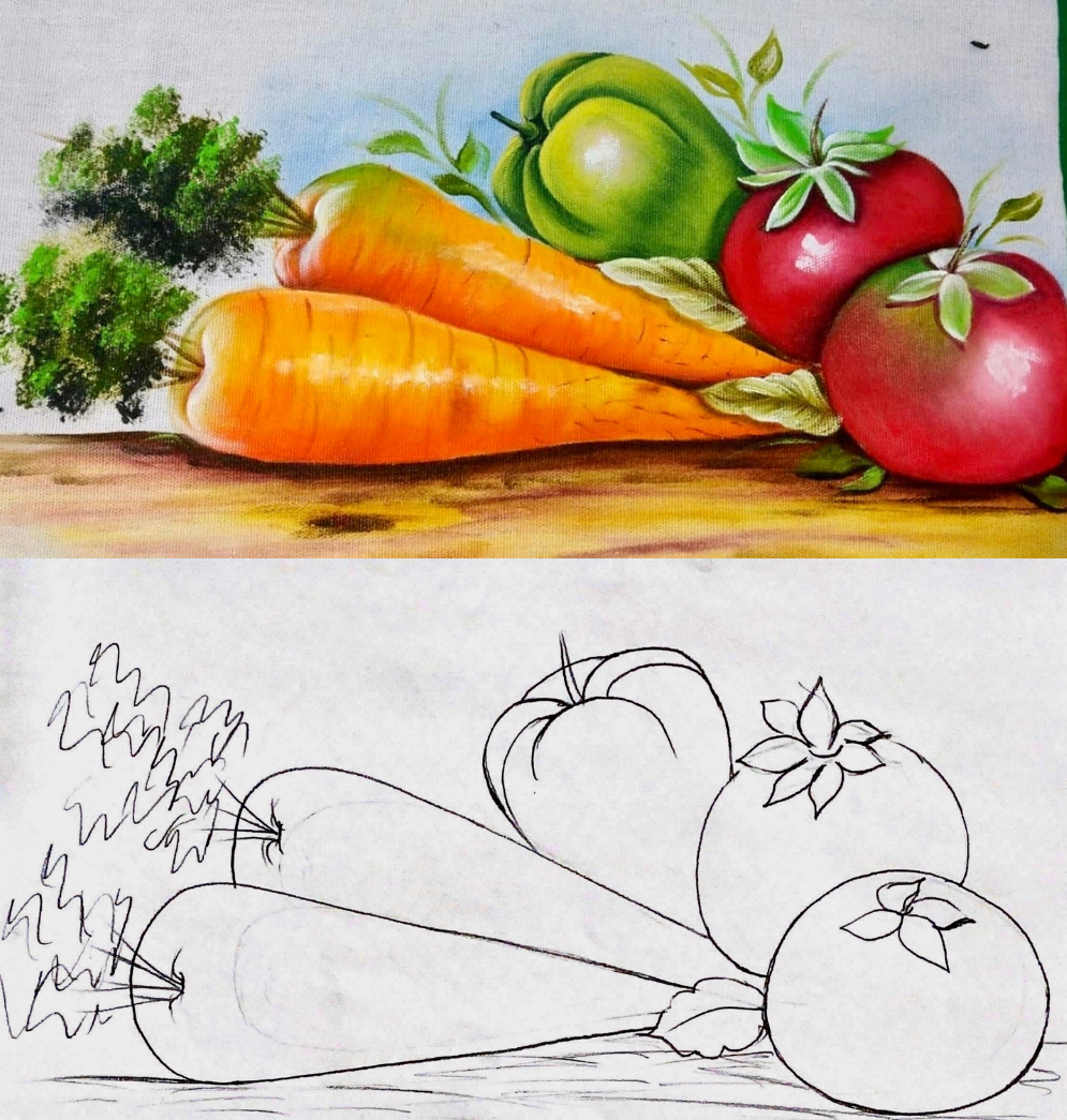Pintura de maçãs e cenouras com esboço