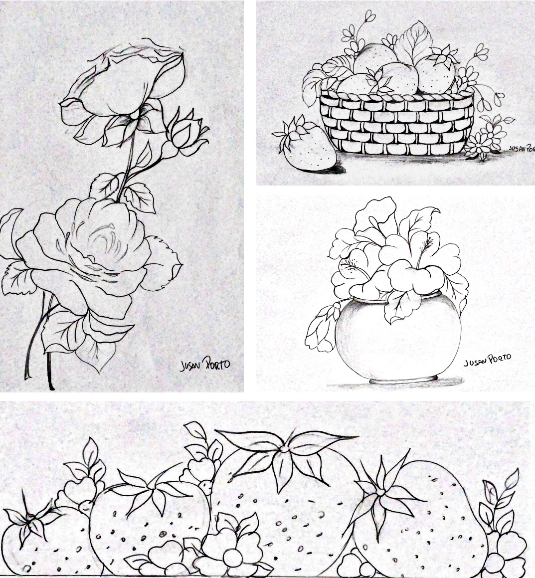 Risco de pintura de morangos e flores