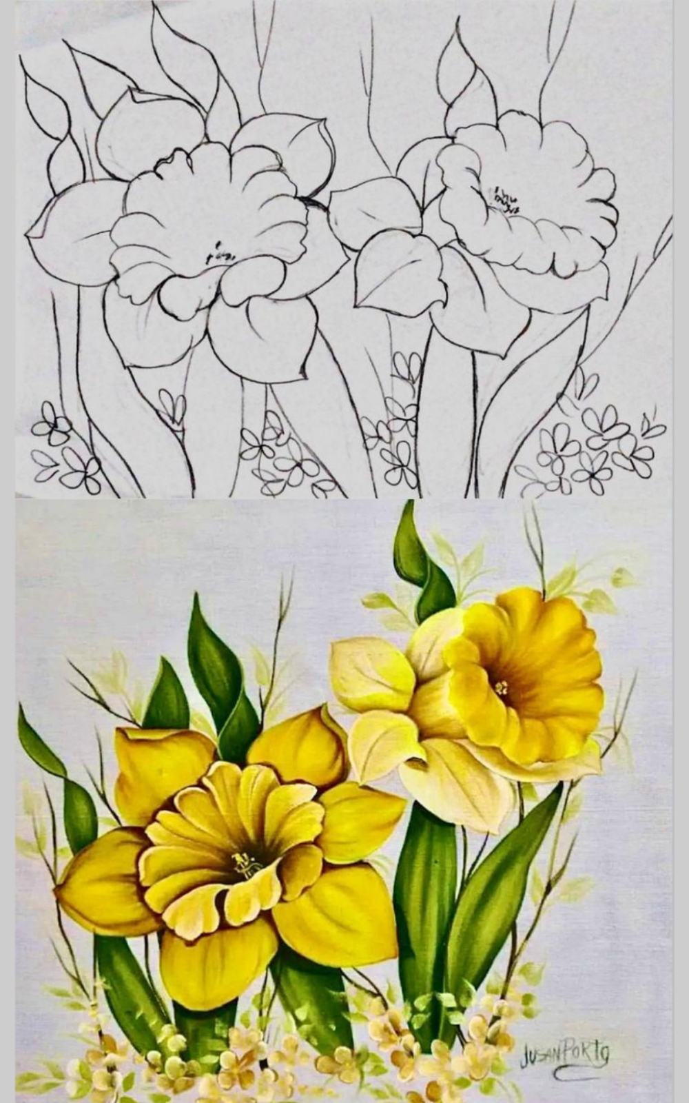 Pintura em tecido de flores amarelas