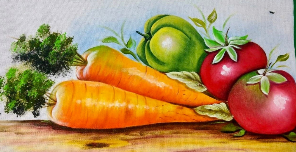 Pintura de natureza morta com maçãs e cenouras